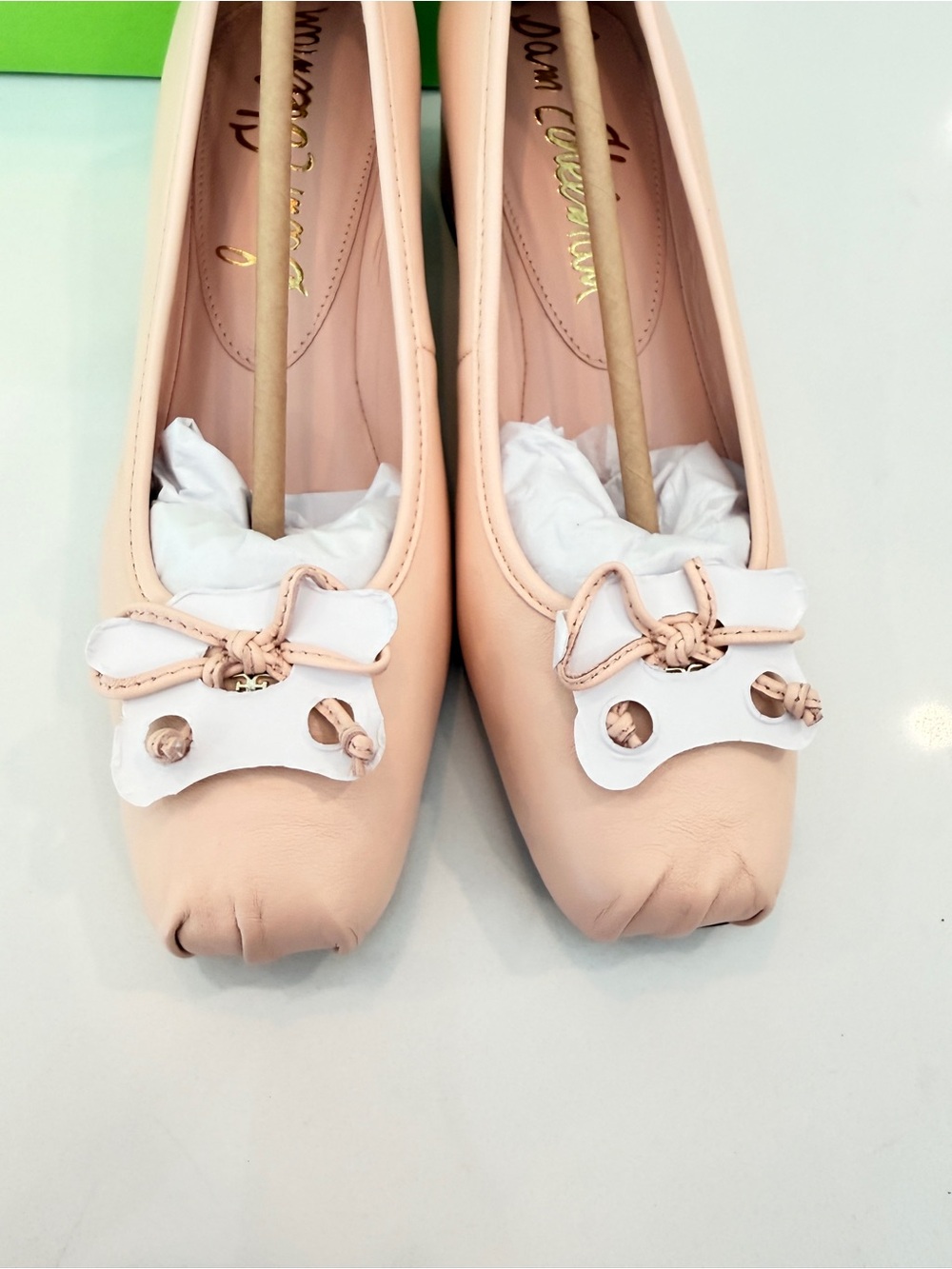 New Sam Edelman Rosa Leather Block Heel Pump Sz 7 Peach Low Classic Dainty Bow - Picture 2 of 9
